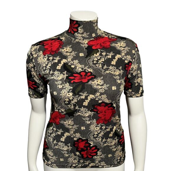 Susan Lawrence Tops - Susan Lawrence Cherry Red Floral Knit Romantic Short Sleeve Top Sz-Medium